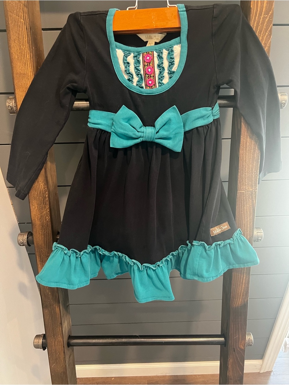 Matilda Jane Black Dress with Teal Trim and Bow Accent